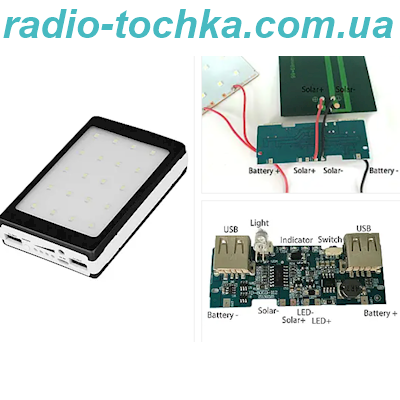 Power bank без батареи 5x18650 з сонячної зарядкою і світлодіодною панеллю