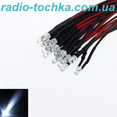 Світлодіод білий D=3мм 12V з проводом L=20см